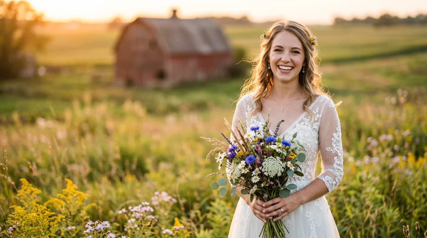 Bride in a rustic Central Illinois wedding setting